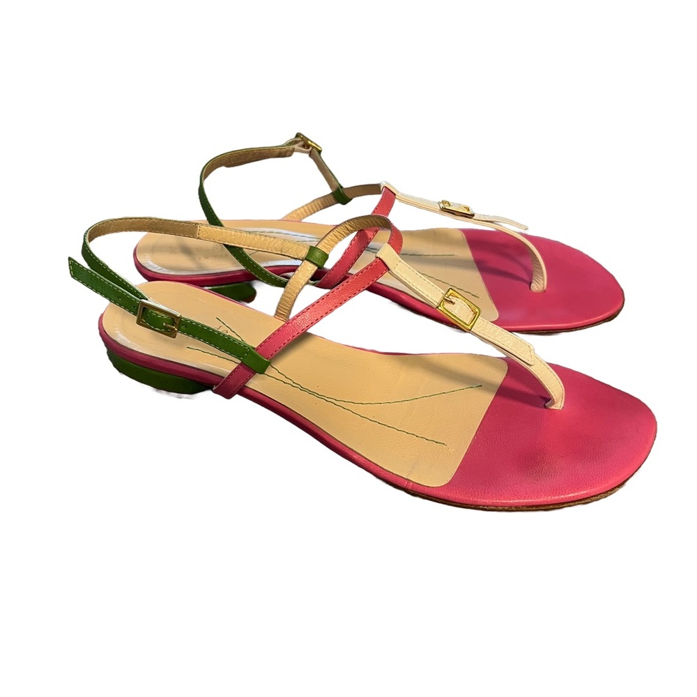 Kate Spade Pink Green Leather Sz 8 Flat Thong Sandal Buckle Ankle Strap …